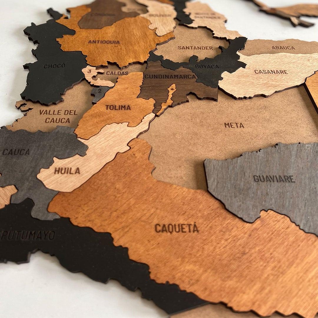 MADEMAP Colombia Premium - Mapa de Madera para Instalar en Pared en 3D Multicolor - Ingenio Destreza Mental