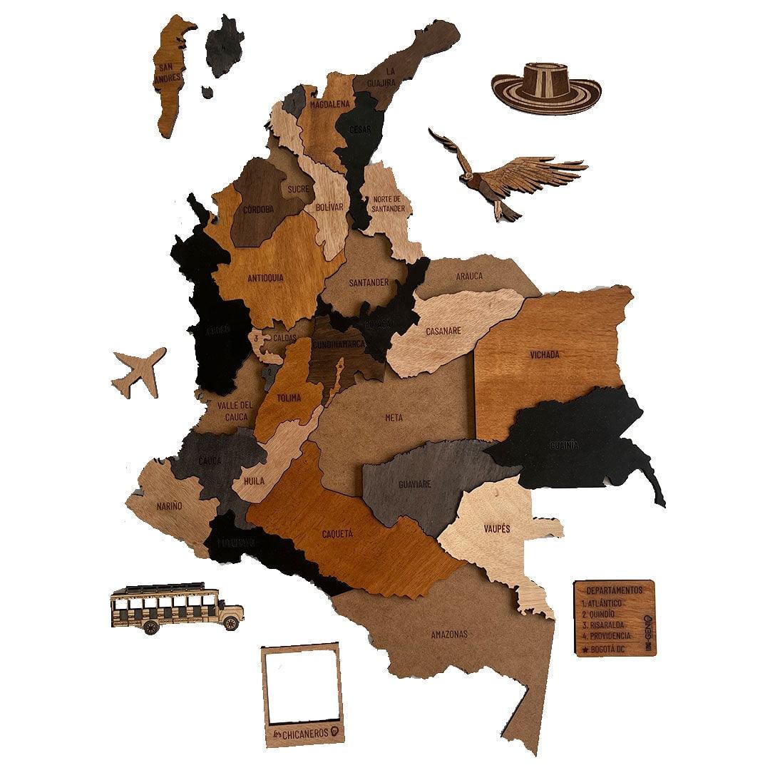 MADEMAP Colombia Premium - Mapa de Madera para Instalar en Pared en 3D Multicolor - Ingenio Destreza Mental