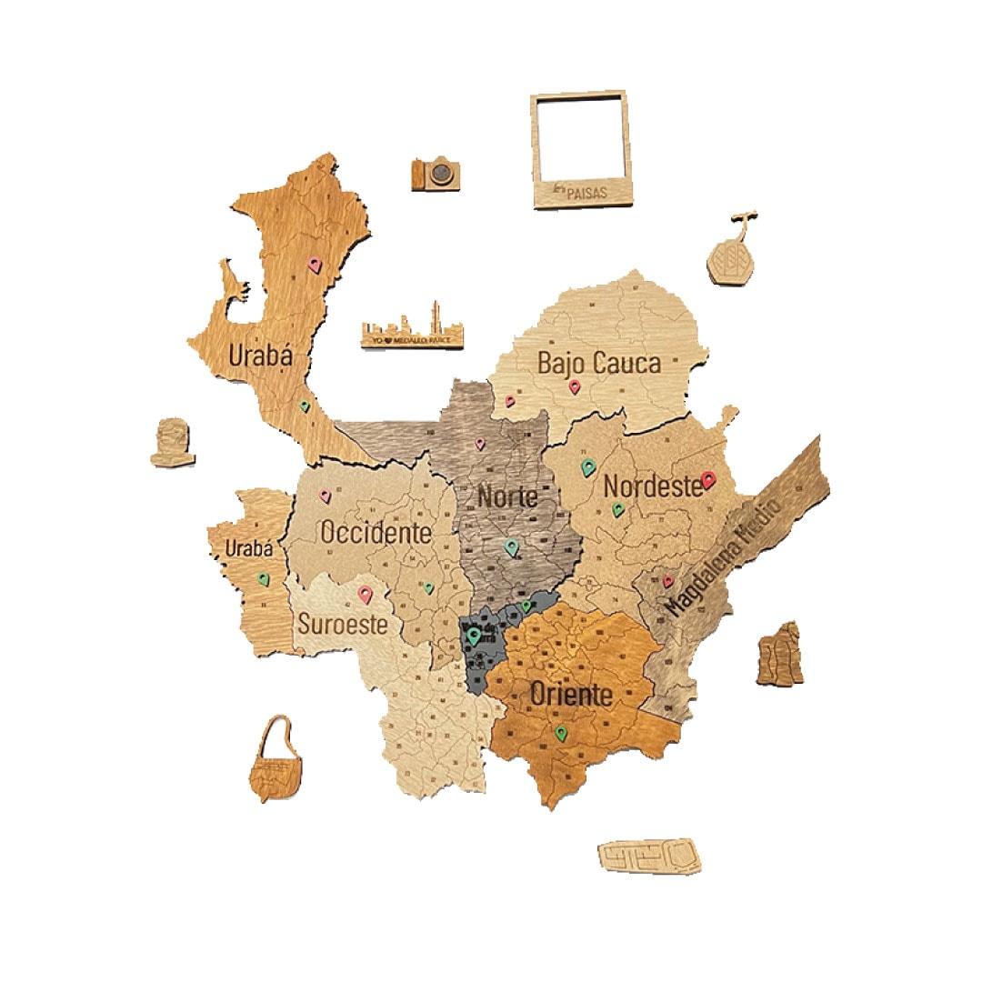 MADEMAP Antioquia Premium - Mapa de Madera para Instalar en Pared en 3D Multicolor - Ingenio Destreza Mental