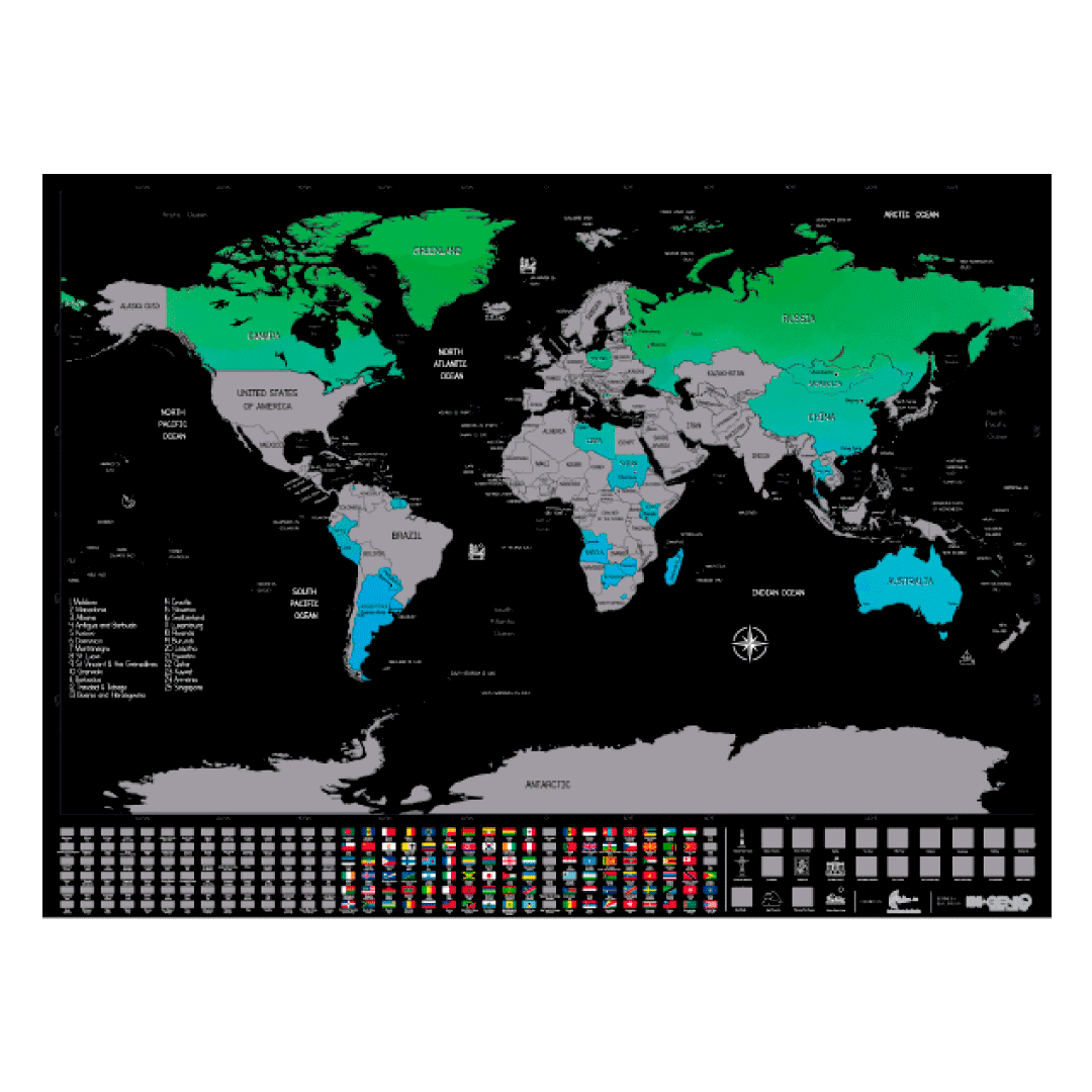 Mapamundi para Raspar Premium - Banderas y Maravillas del Mundo - Ingenio Destreza Mental