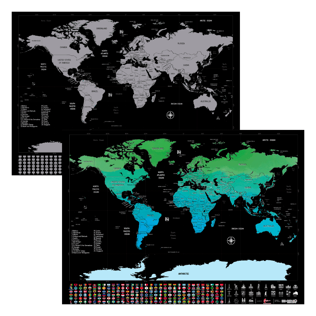 Mapamundi para Raspar Premium - Banderas y Maravillas del Mundo - Ingenio Destreza Mental